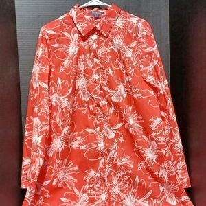 Roman's Womens 18W Red Floral Button-Up 3/4 Sleeve Shirt